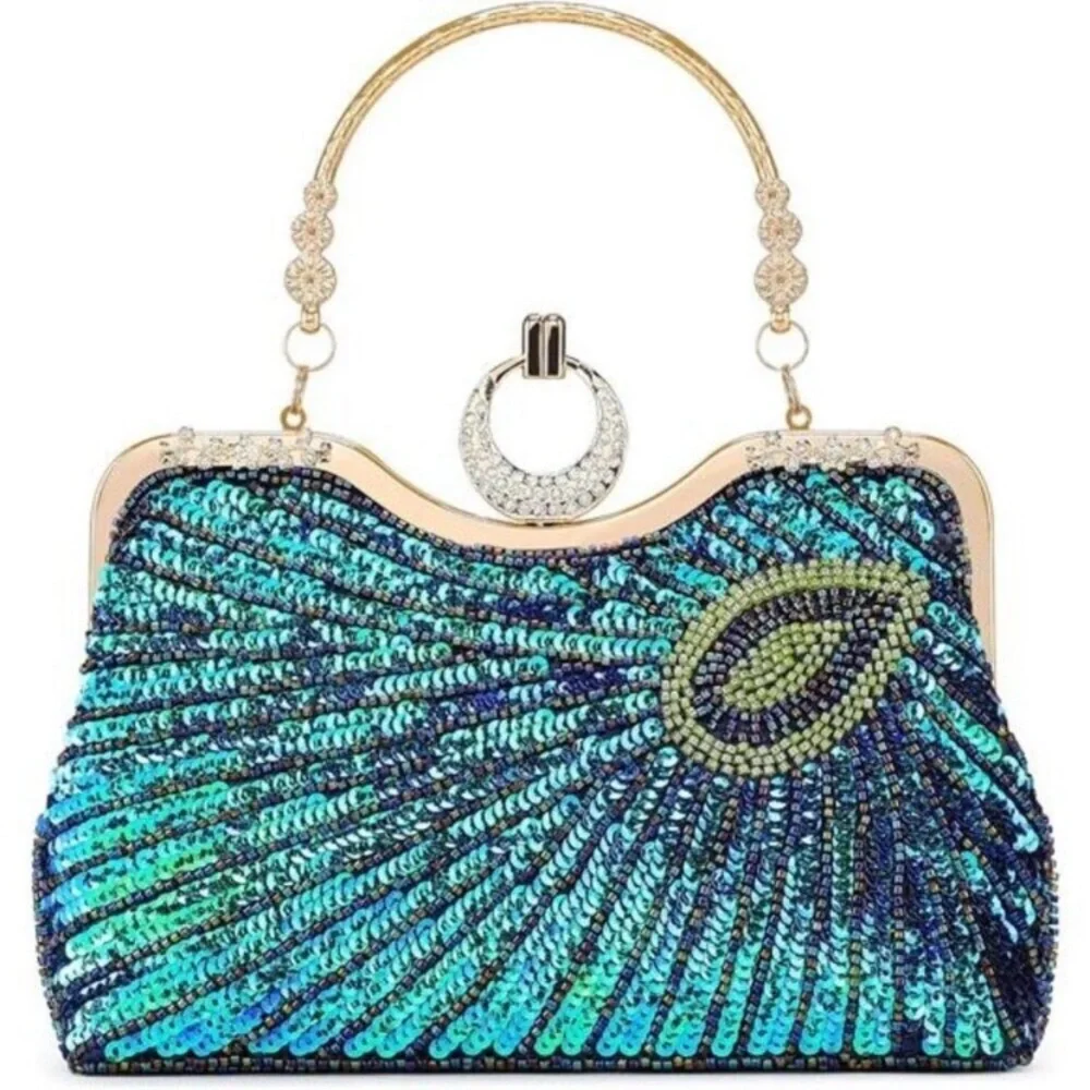 Beaded Bag Sequin Peacock Evening Clutch Purse for Women Formal Evening Blue